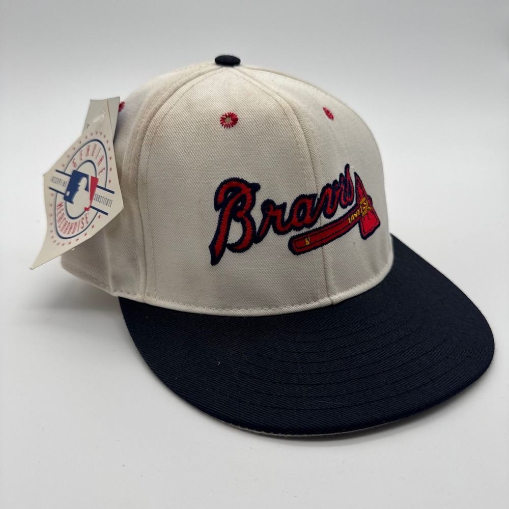 Vintage Atlanta Braves Pro-Line Cap Co MLB Hat White Navy Tomahawk Size 8 NWT
